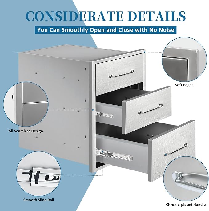 Outdoor Kitchen Drawers 16"Wx21"Hx23"D Flush Mount Access 3-Drawer BBQ - Image 4