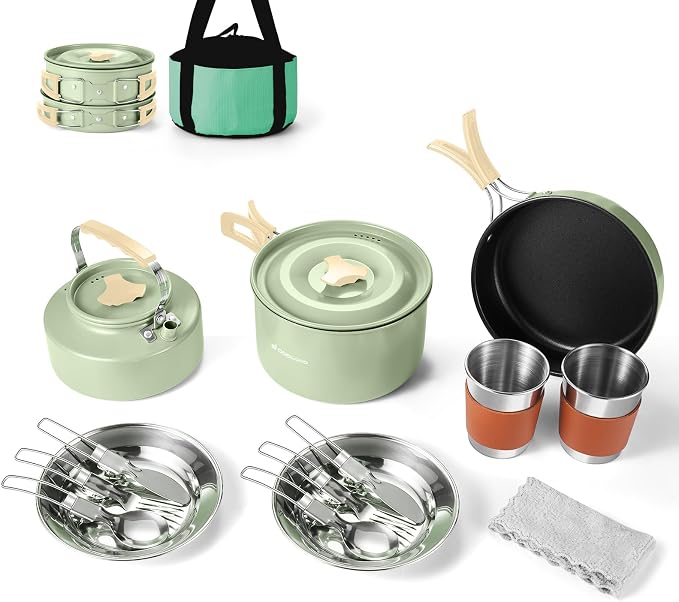 Odoland 15pcs Camping Cookware Mess Kit, Non-Stick Lightweight Pot Pan Kettle by Odoland