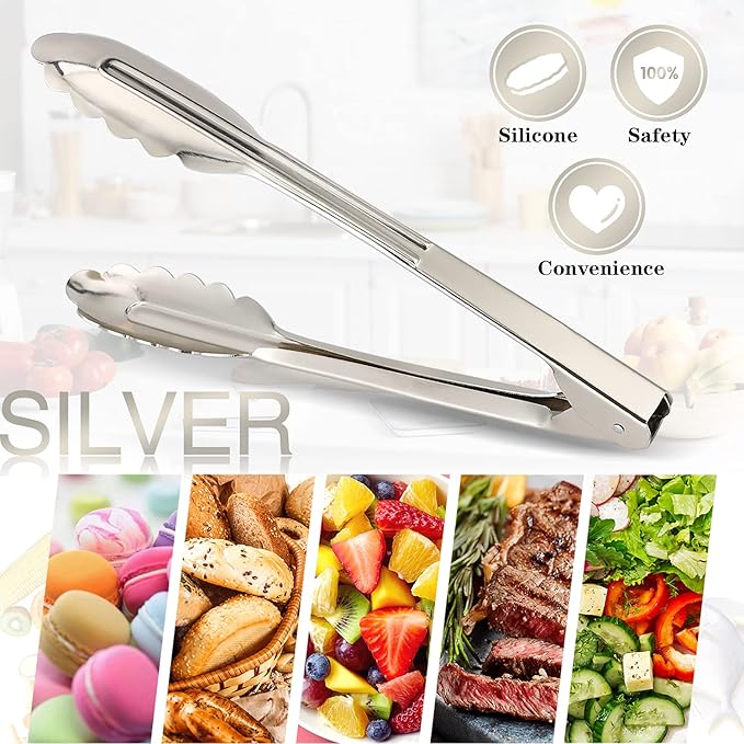Serving Tongs 3-Pack, Silver Aluminum, 9-Inch Locking Tongs with Scalloped Tips