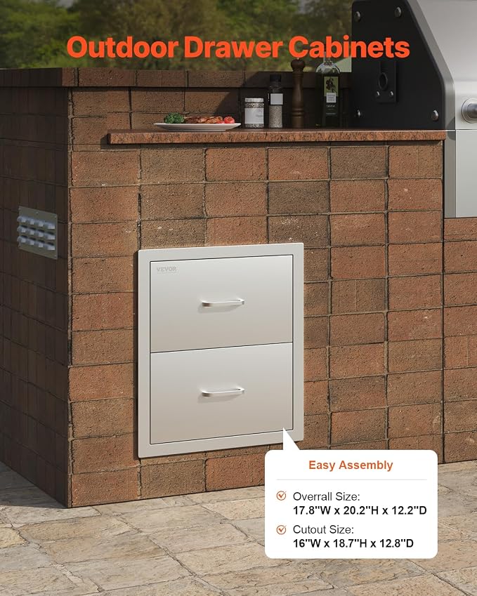 VEVOR Outdoor Kitchen Drawers, 17.8W x 20.2H x 12.2D Inch, Flush Mount Double - Image 4