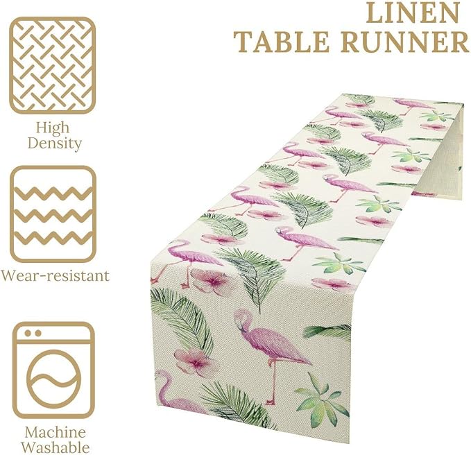 Flamingo Table Runner, Spring Summer Tropical Floral Green Palm Leaves Hawaiian - Image 4