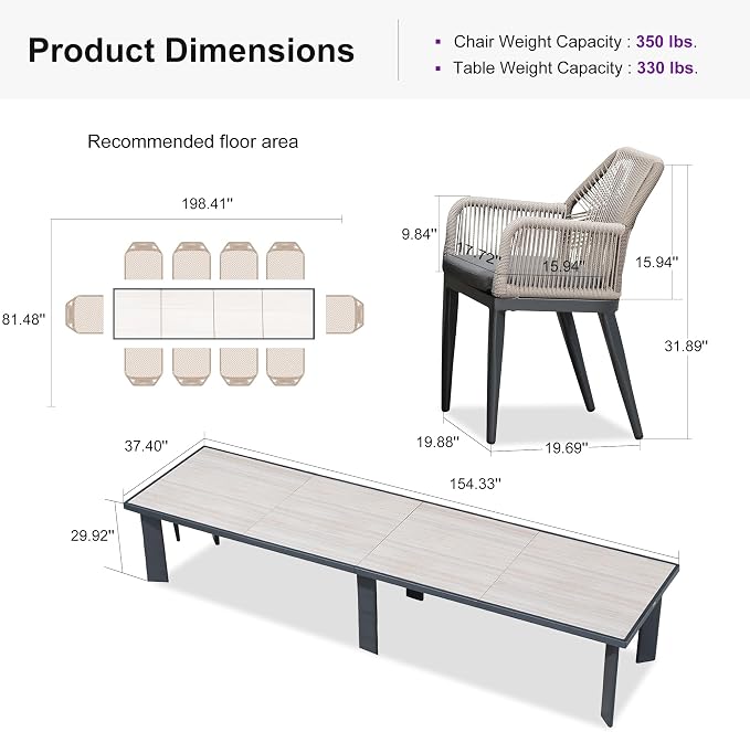 PURPLE LEAF 11 Pieces Patio Dining Set Aluminum Modern Oversize Rectangular - Image 8