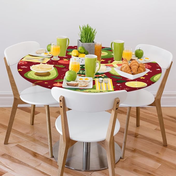 Christmas Tree Avocado Green Round Table Cloth Cover, Elastic Edge Waterproof - Image 7