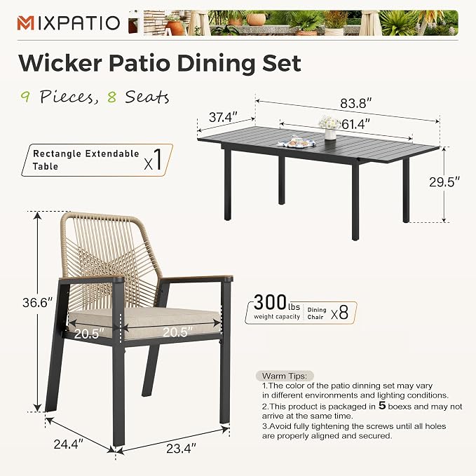 9 Pieces Outdoor Dining Set for 8, Patio Dining Set Wicker Rattan Chairs - Image 6