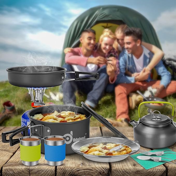 Odoland 15pcs Camping Cookware Mess Kit, Non-Stick Lightweight Pot Pan Kettle - Image 9