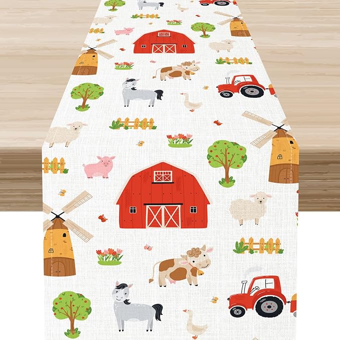 Farm Animals Table Runner, Rustic Farmhouse Cow Pig Rooster Watercolor Coffee by Unknown