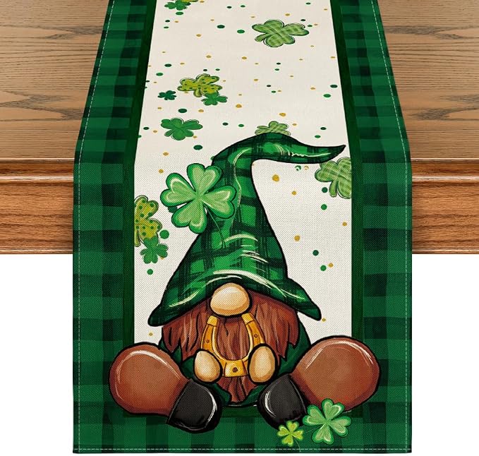 Artoid Mode Shamrock Buffalo Plaid Gnomes Lucky St. Patrick's Day Table Runner by ArtoidMode