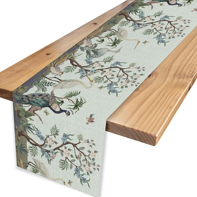 Blue Peacock Table Runner, Rustic Light Blue Crane Floral Branch Table Center - Image 6