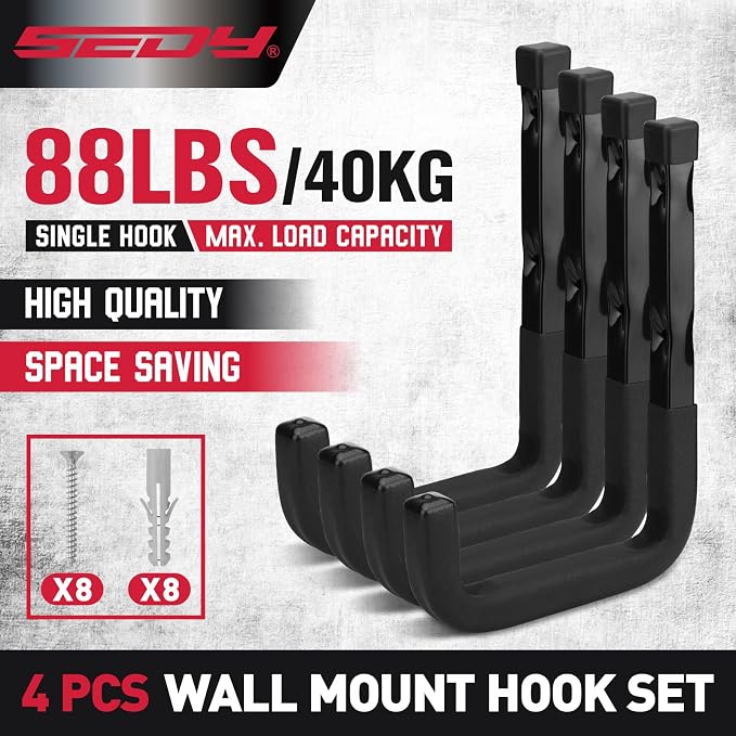SEDY Heavy Duty Garage Storage Hook: 4-Piece 6" Wall Mount J Utility Hooks - Image 9
