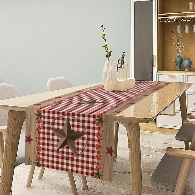 Farmhouse Western Table Runner, Rustic Country Barn Red White Buffalo Plaid - Image 3