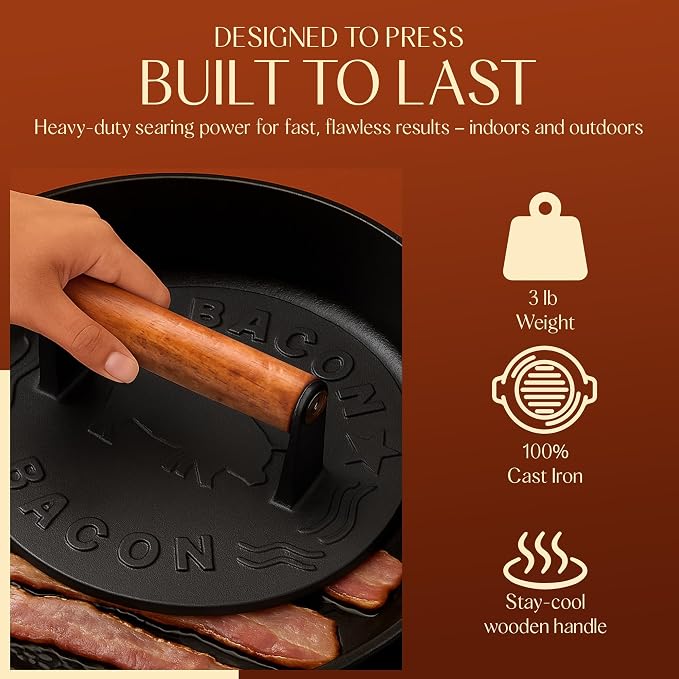 Heavy-Duty Cast Iron Burger Press 8.5 Inch Round Burger Smasher, Grill Press - Image 3