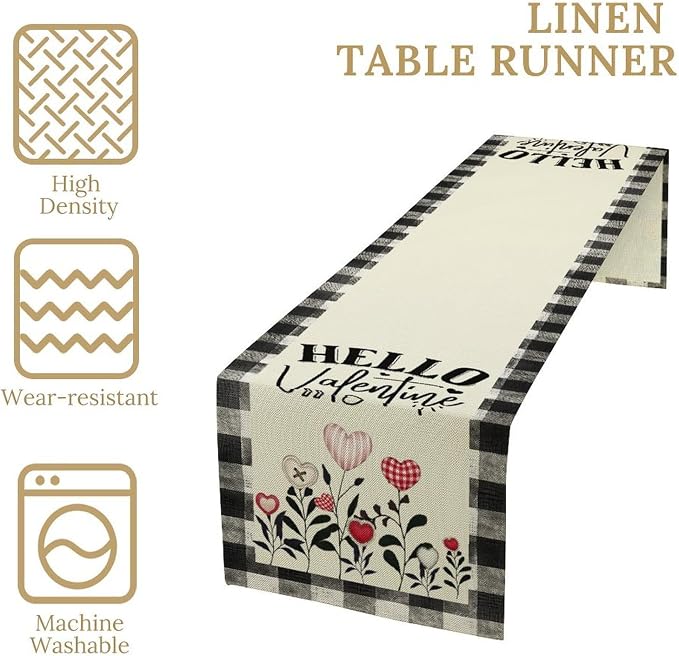Valentines Day Table Runner, Vintage Rustic Black White Red Heart Buffalo Plaid - Image 4