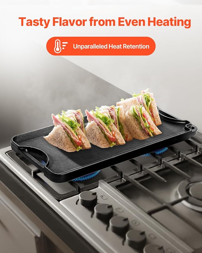 VEVOR Reversible Grill/Griddle, 20x10 inch Pre-Seasoned Cast Iron Griddle - Image 7