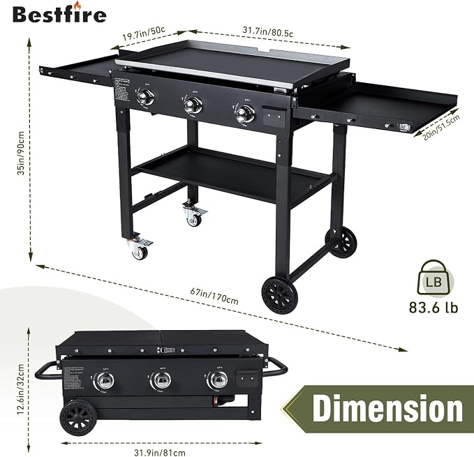 BESTFIRE 3 Burner 35" Flat Top Grill, 000 BTU Flat Grills Outdoor Cooking - Image 2
