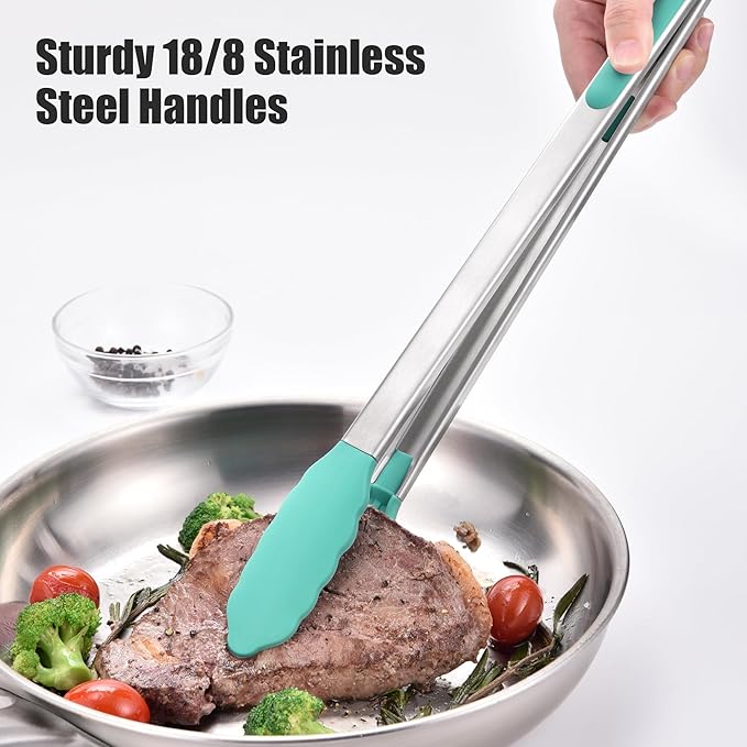 Stainless Steel Kitchen Tongs with Silicone Tips, 17.2 Inch, Aqua Sky