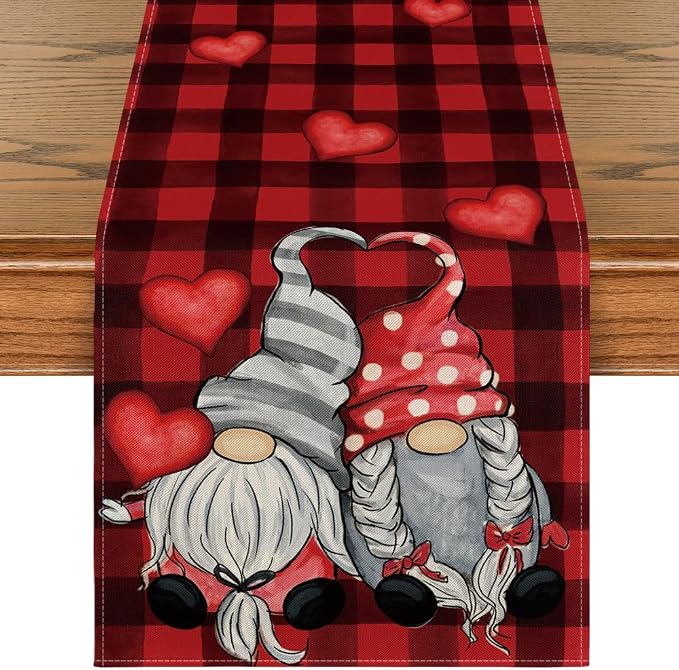 Artoid Mode Red Black Buffalo Plaid Heart Gnomes Love Valentine's Table Runner by ArtoidMode