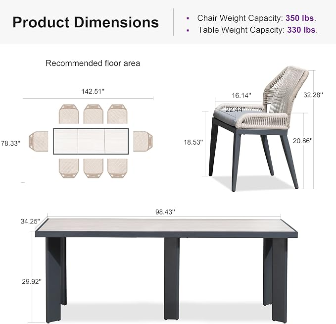 PURPLE LEAF 9 Pieces Patio Dining Set Aluminum Rectangular Table and Wicker - Image 9