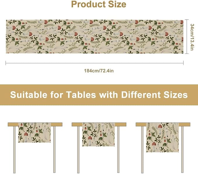 Mushroom Table Runner, Vintage Rustic Boho Botanical Plant Print Tablerunner - Image 8