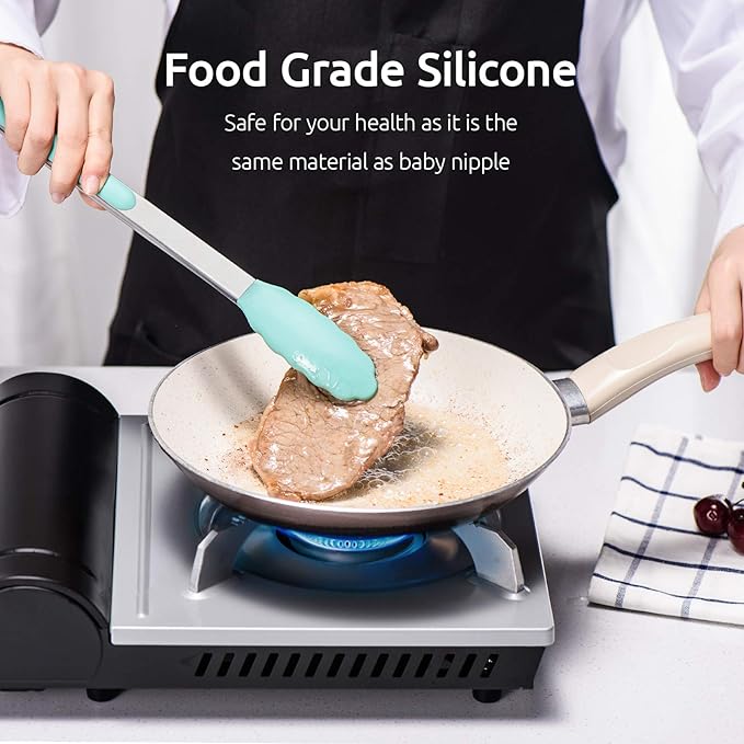 Tongs with 7, 9 and 12 Inch Lengths, Silicone Tips, Aqua Sky