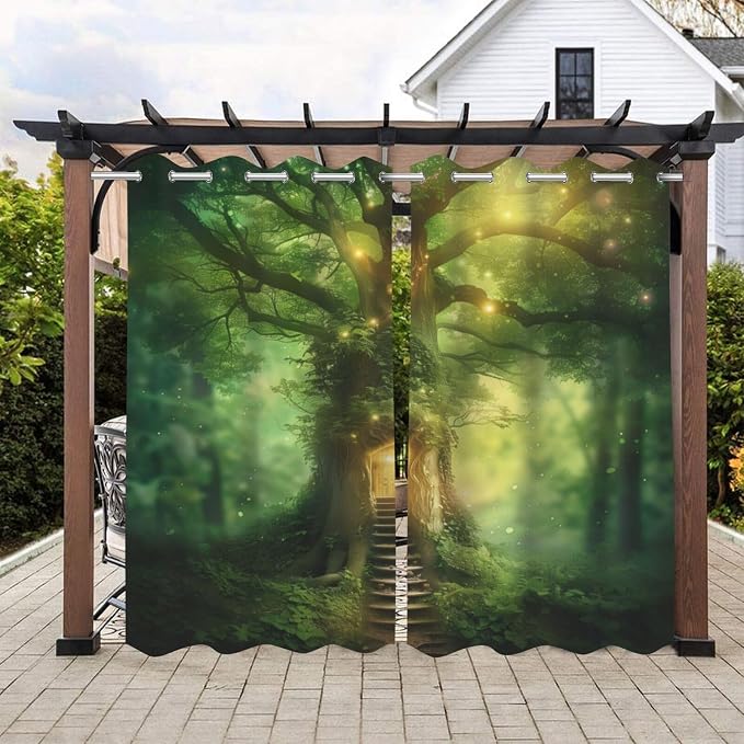 Fantasy Theme Outdoor Curtains for Patio Waterproof, Forest Pattern, Grommet by Lirduipu