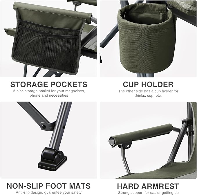 Camp Chair, Large Green Steel Frame with Swivel Cup Holder