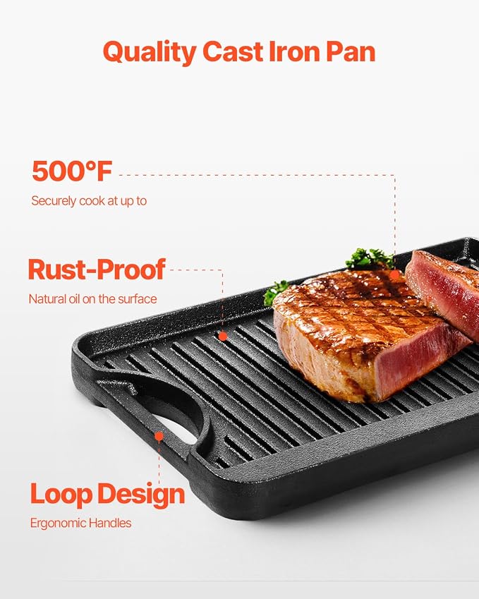 VEVOR Reversible Grill/Griddle, 14x8.5 inch Pre-Seasoned Cast Iron Griddle - Image 5