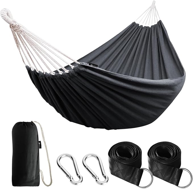 Hammock in Dark Grey Cotton with 660 lb Capacity and Anti-Rollover Design