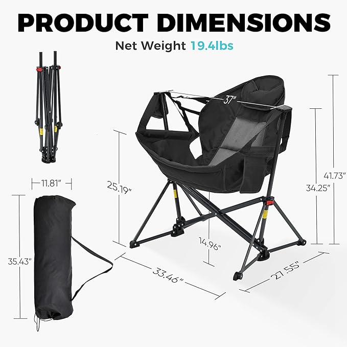 Camping Chair Hammock Rocker, Adjustable Recline, Black Polyester
