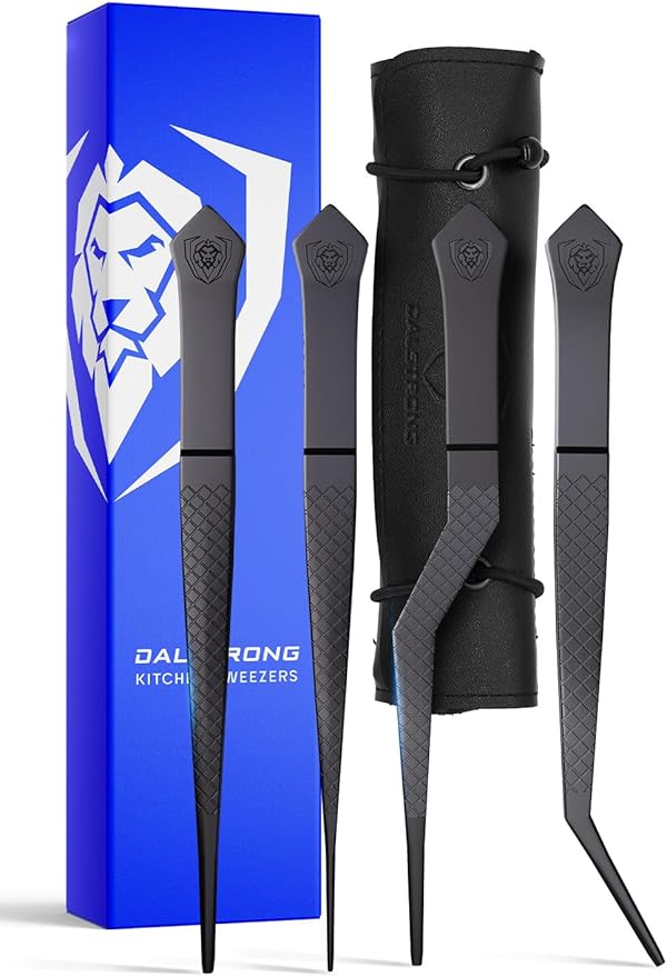Tongs 4-Piece Black Stainless Steel Set with Leather Travel Sheath