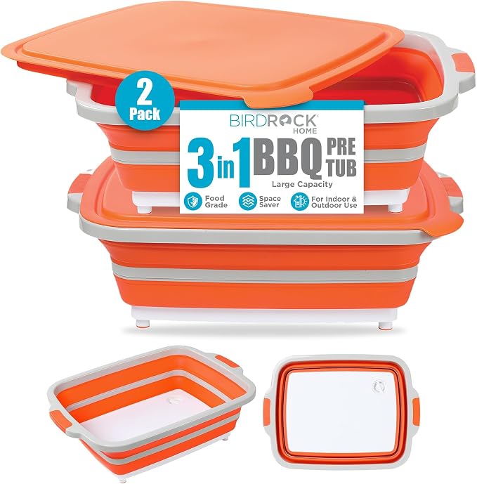 BIRDROCK HOME 2-pack Collapsible BBQ Prep Tub w/Cutting Board, Portable by BIRDROCKHOME