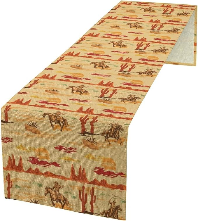 Western Cowboy Table Runner, Wild West Cowboy Ride Horse Desert Cactus Sunset by Unknown