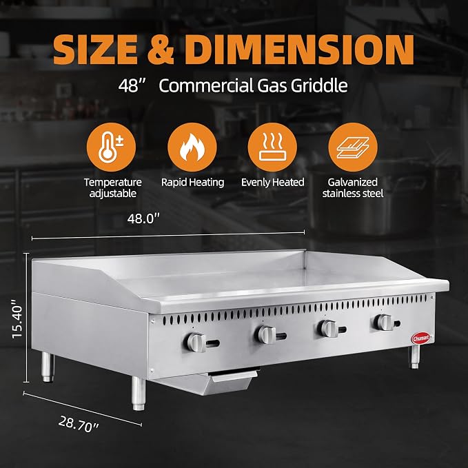 48" Commercial Countertop Griddle, 4 Burners Gas Griddle, 120000 BTU Output - Image 3