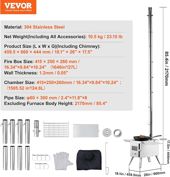 VEVOR Camping Wood Stove Stainless Steel Camping Tent Stove, Portable Wood - Image 7