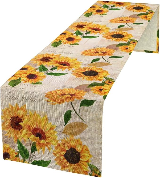 Retro Sunflower Table Runner, Vintage Newspaper Sunflower Blossoms Rustic by JanJCurt