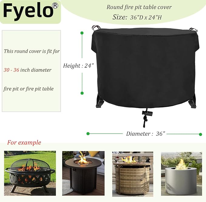 Round Fire Pit Cover 36" Dia X 24" H, 600D Strong Tear Resistant, Waterproof & - Image 2
