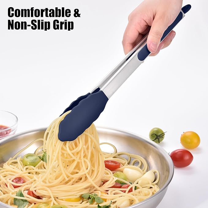 Locking Stainless Steel Tongs with Silicone Tips, Navy Blue