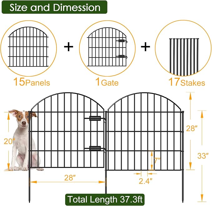 Metal Garden Fence with Gate 28in x 37.3ft, 1 Gate + 15 Panels Dog Fences - Image 4