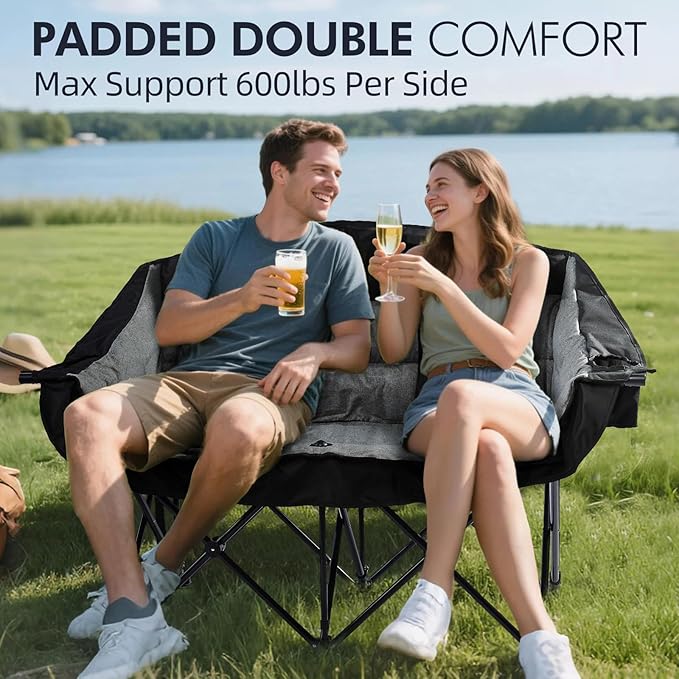 Camping Chair Loveseat for Two in Black and Grey with Metal Frame
