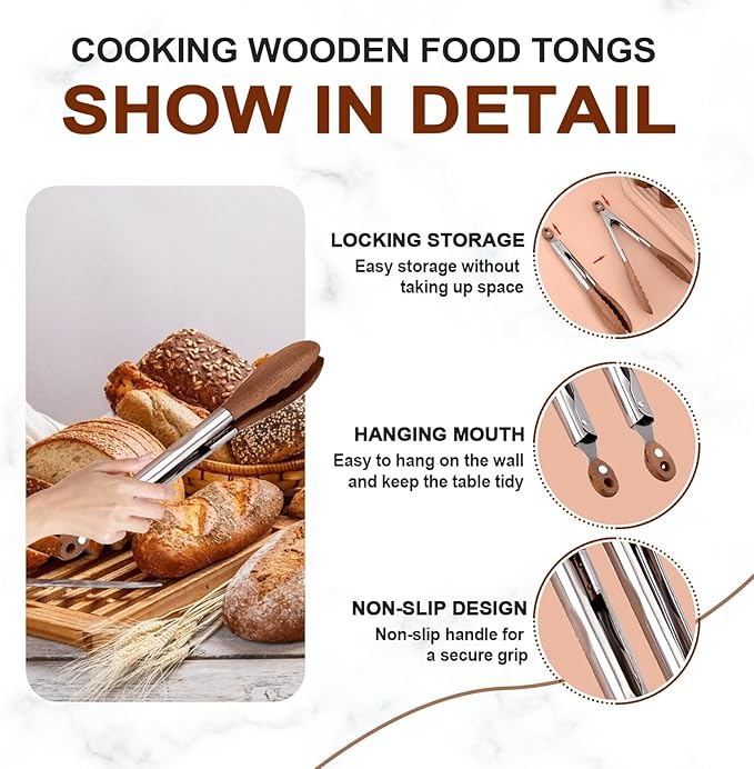 Kitchen Tongs 2 Pack, 13-Inch Walnut Wood and Stainless Steel with Lock