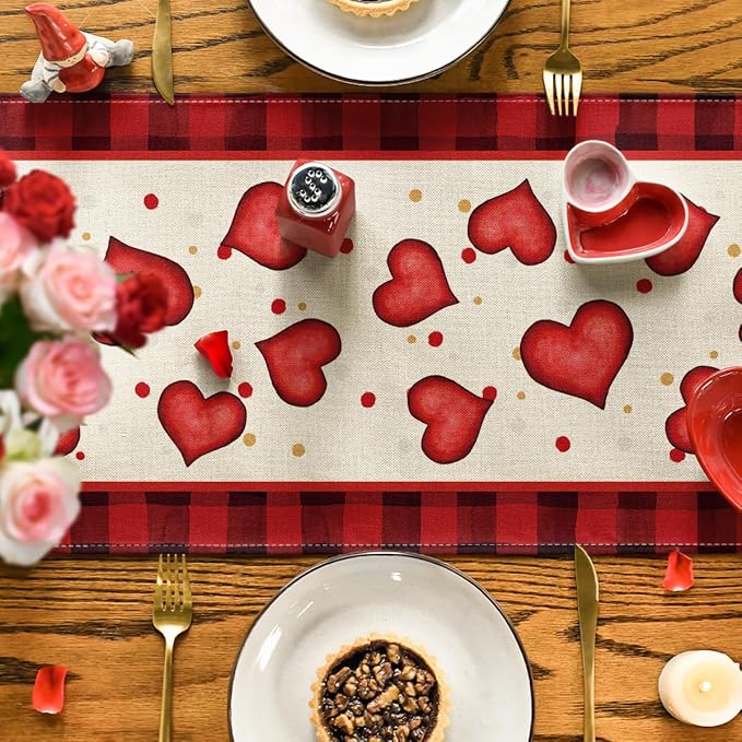 Artoid Mode Red Watercolor Hearts Gnomes Love Valentine's Table Runner - Image 7