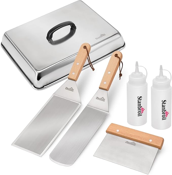 Barbecue Tool Set, 6 Piece Stainless Steel Griddle Kit with Wood Handle