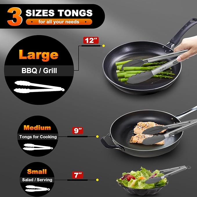 Tongs Set, 3 Sizes 7/9/12 Inch, Silicone Tips, Dark Grey