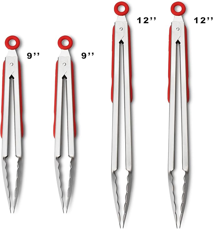Kitchen Tongs, 304 Stainless Steel with Locking Clip in Red