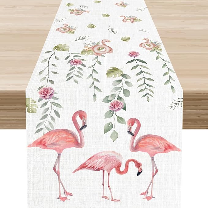 Flamingo Table Runner, Rustic Boho Grey Leaf Pink Rose Floral Tropical Bird by Unknown