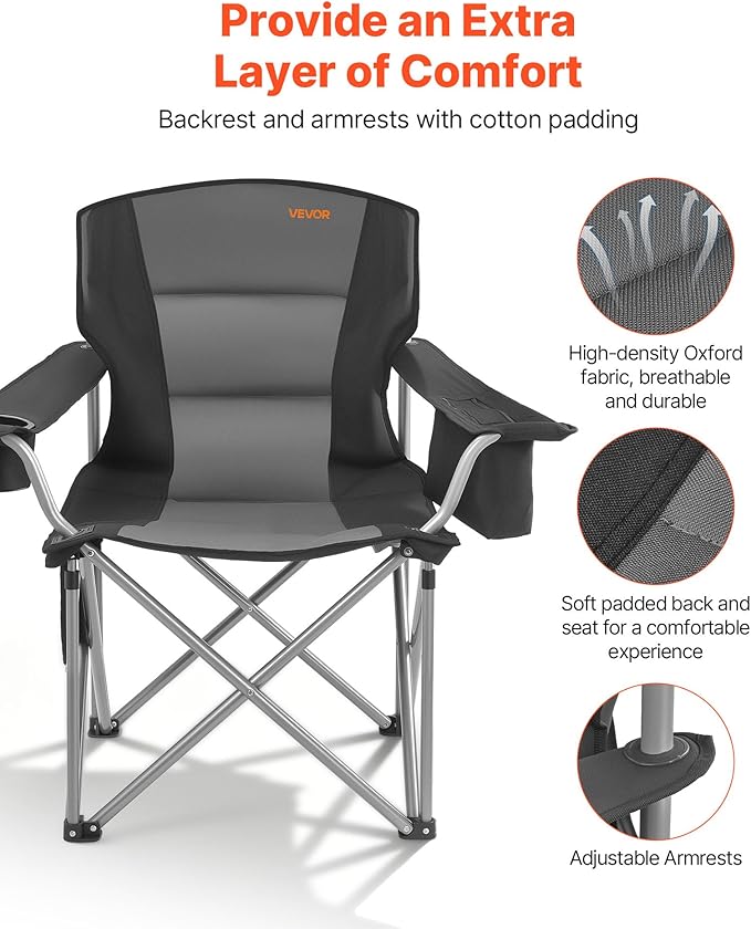Folding Camping Chairs, Black 600D Oxford, 2-Pack