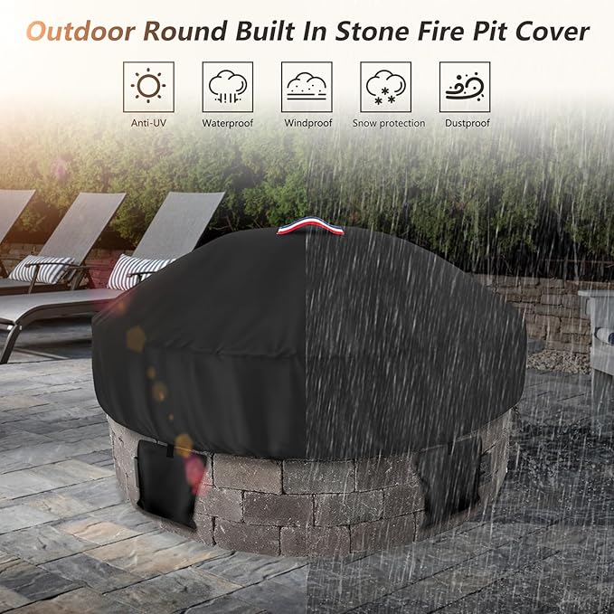 Outdoor Round Built in Stone Fire Pit Cover, Heavy Duty 600D Waterproof Cover - Image 6
