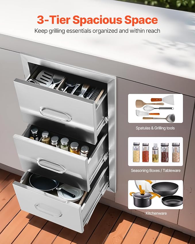 VEVOR Outdoor Kitchen Drawers 16" W x 28.5" H x 20.5" D, Flush Mount Triple - Image 3
