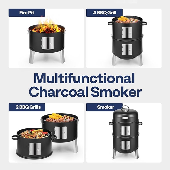 Vertical Charcoal Smoker, 3 Chambers, Black Alloy Steel