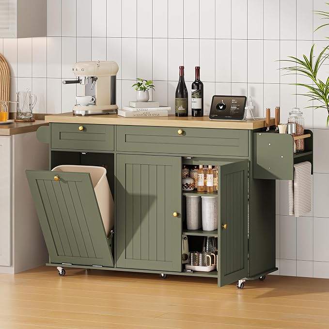 60" Kitchen Island with Power Outlet & Drop Leaf, Kitchen Rolling Island with - Image 8