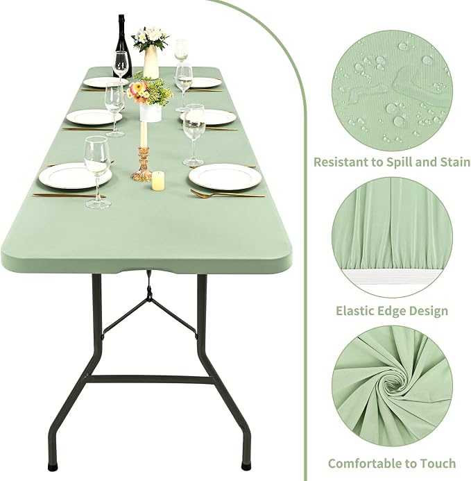 10 Pack Fitted Tablecloth for 8 Foot Rectangle Tables, Sage Green Elastic - Image 3